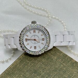 White Diamanté Dial Watch with Rose Gold Roman Numeral Markers